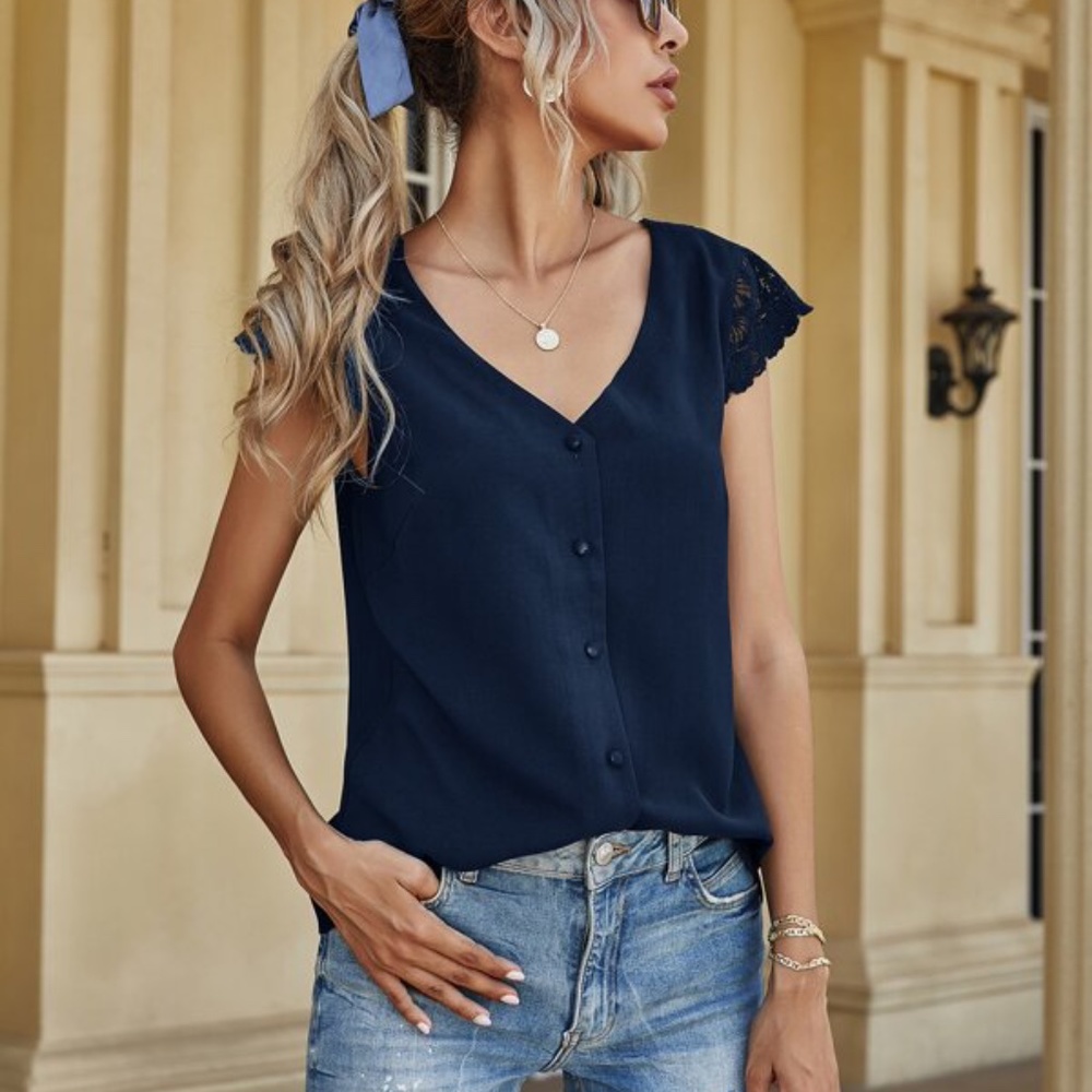 Navy Blue v neck button down lace low back detail top - Picture 6 of 8